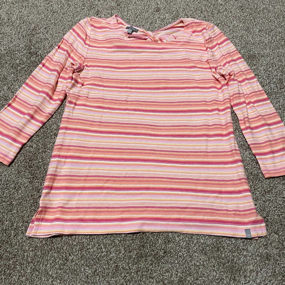 T by Talbots Womens Striped Top XS 3/4 Sleeve Pink Orange Back Twist Detail